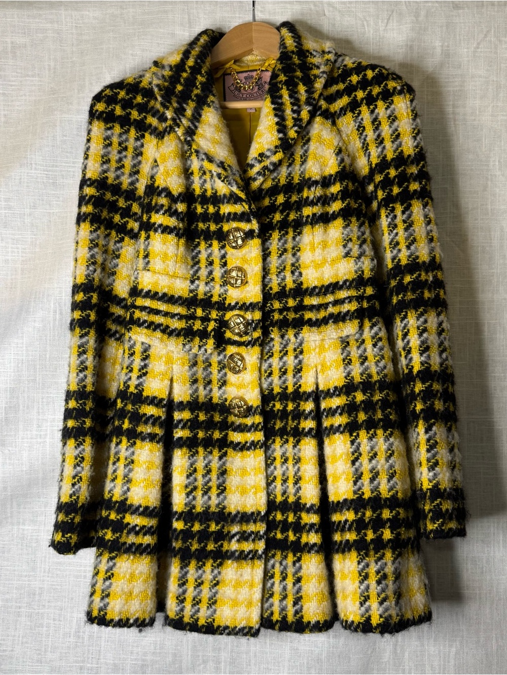 Juicy Couture Yellow & Black Plaid Pea Coat